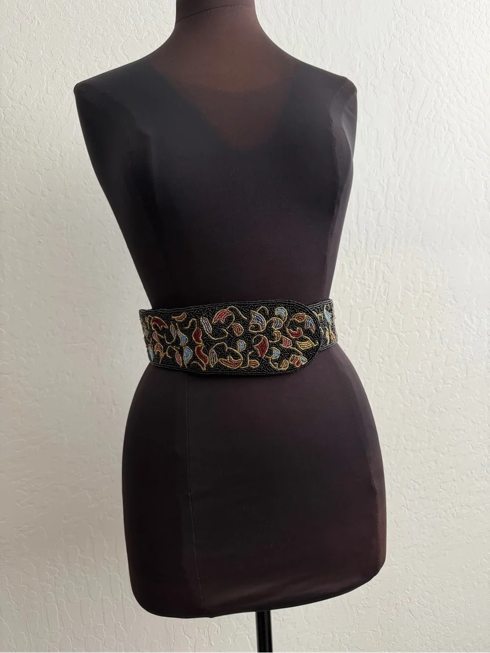 VINTAGE Christian Dior Black Embroidered Waist Belt Multicolor Floral Accents